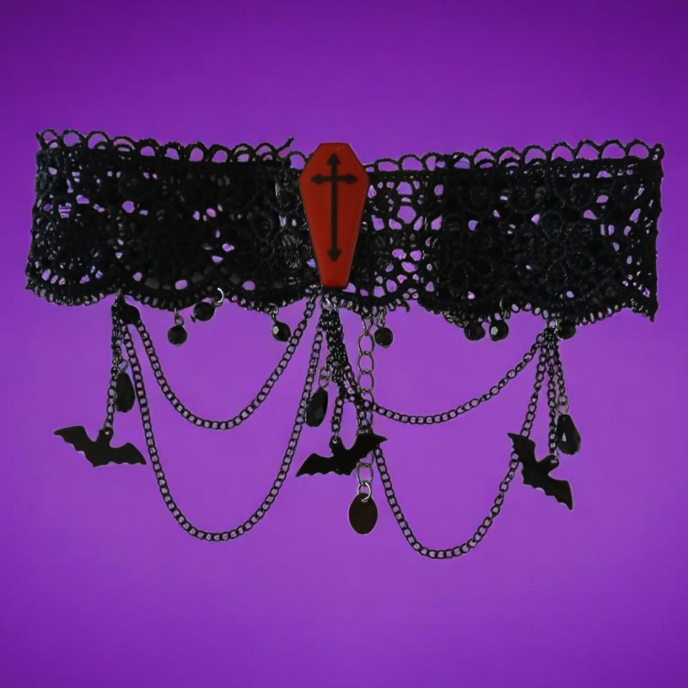 Gothic Black Lace Choker with Red Coffin Pendant - Picture 11 of 11